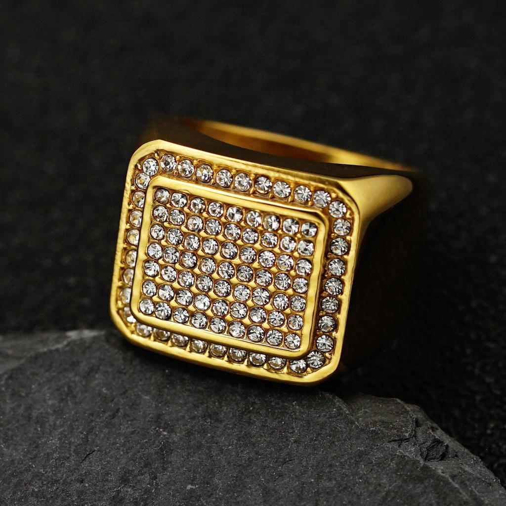 Men's Gold-Plated Diamond Square Ring, European & American Hip Hop Style, Personalized Trendy Titanium Steel Finger Ring