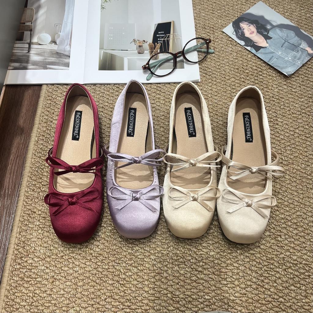 2025 autumn round head bow French shallow mouth ballet single shoes women's skirt gentle wind flat Mary Jane shoes
