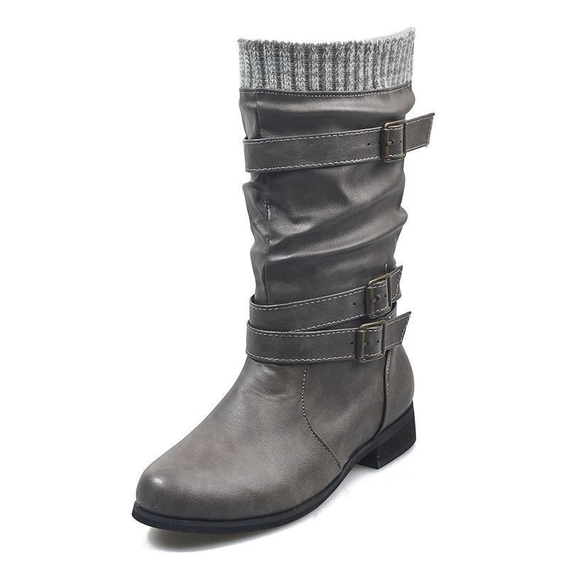 

Winter Women Slouchy Mid Calf Boots Buckle Strap Low Chunky Heel Round Toe Faux Leather Winter Riding Booties 43 сірий