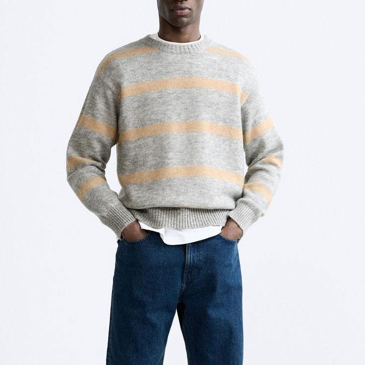 Zara Fashionable Versatile Striped Jacquard Knit Sweater Men sweater Gray 7140404-803