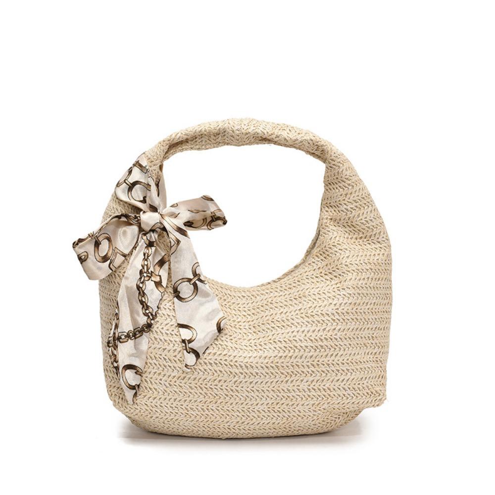 Grass Rattan Handbag with Silk Scarf Clutch Crescent Bag Casual Straw Bag  Outdoor бежевый