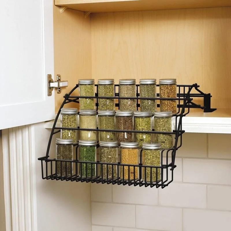 

3-tier spice rack organizer, countertop or cabinet pull-down design for spices and jars, space-saving tiered seasoning shelf 3-tier чёрный
