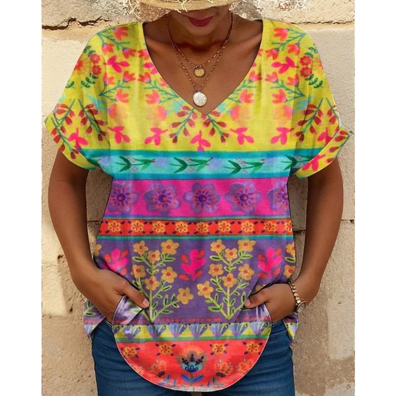 Colorful Floral Pattern Women's T-shirt Summer Outdoor Casual V-neck Short-sleeved Top OverSize Women's Clothing