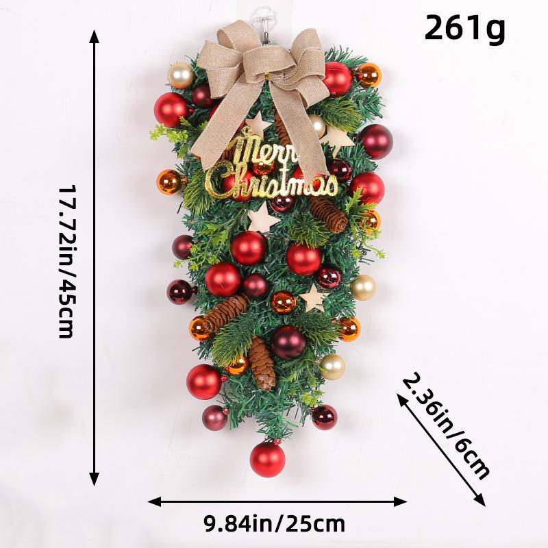 Christmas Teardrop Door Swag, Upside Down Hanging Wreath with Burlap Bow, Xmas Balls & Pine Cones, Farmhouse Front Door Holiday Wall Decor