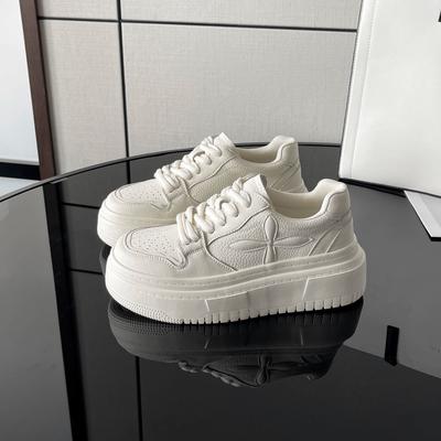 Äkta Läder Vita Skor Dam Vår Ny Casual All-match Tjock Botten Kors Blomma Brödbräda Skor