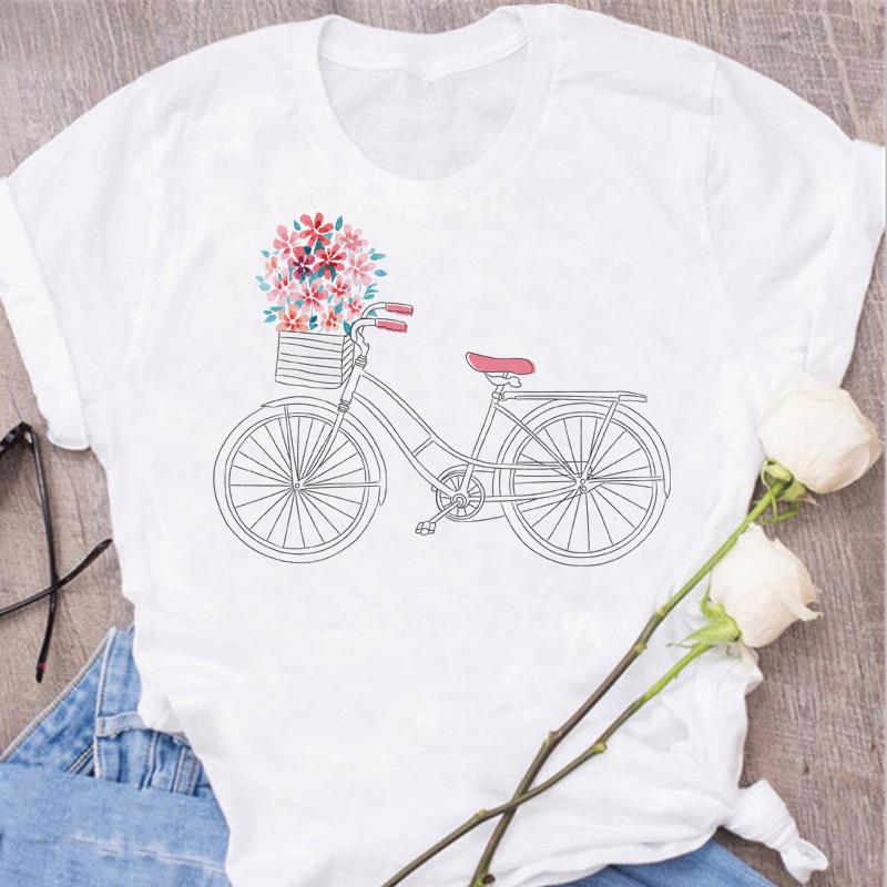 Woman Funny Bicycle Floral Print T Shirt Harajuku Women Tshirts Casual O-Neck Short Sleeves Tops Tees Shirt,Drop Shipping