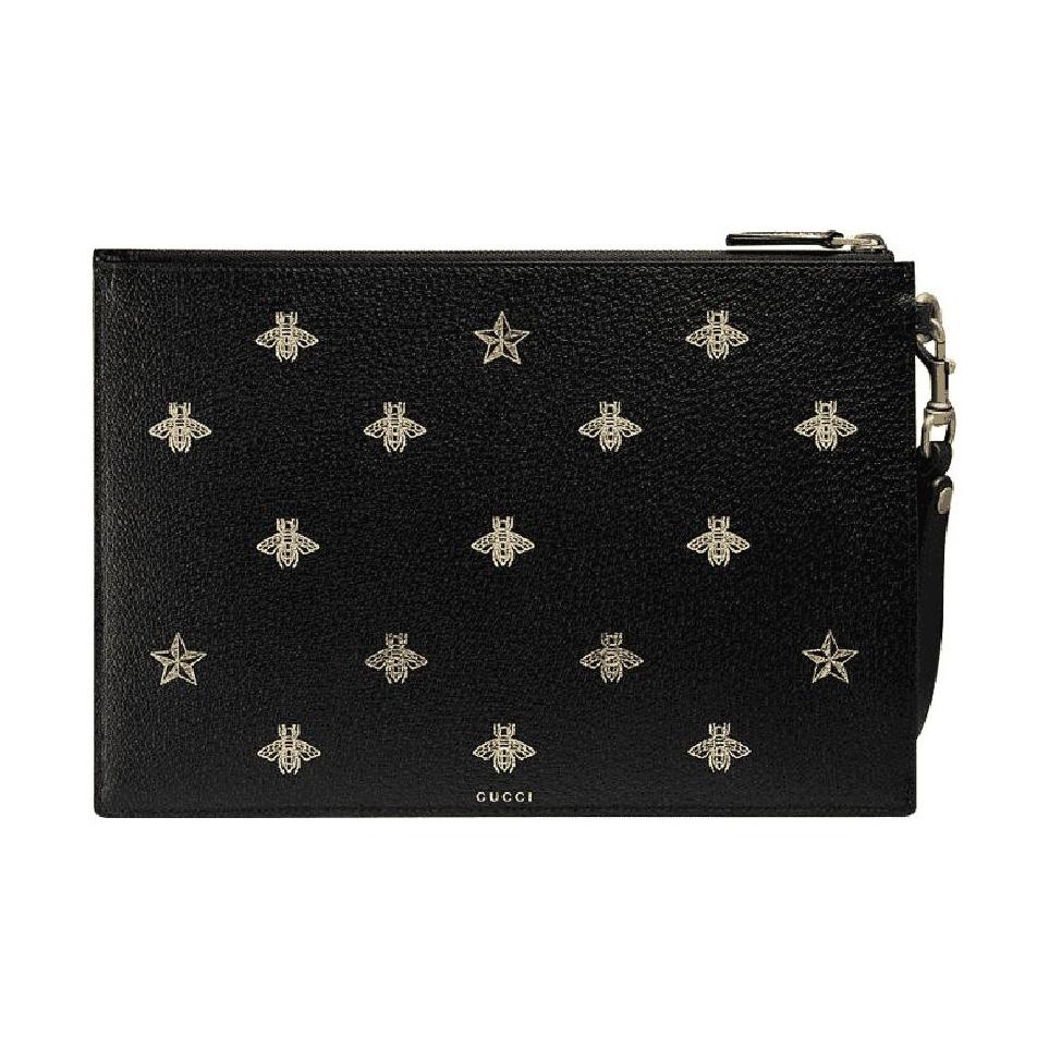 

Gucci Bee Star Print Detachable Wrist Strap Leather Clutch Men clutch Black 495066-DJ2KT-8474 Gift Set(Basic Set+Box+Shopping Bag)