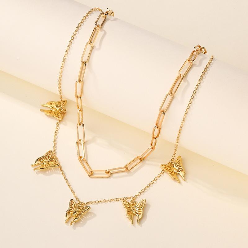 Alloy Butterfly Thick Chain Pendant Jewelry Fashionable Personality Stacked Double Necklace