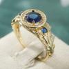 Gorgeous Inlaid White Blue CZ Women's Ring Sparkling Gold Color Hand Carving Leaf Daily Wear Party Jewelry Anniversary Gift