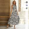 Halter Neck Sleeveless French Style Slit Print Dress Summer Hot Seller