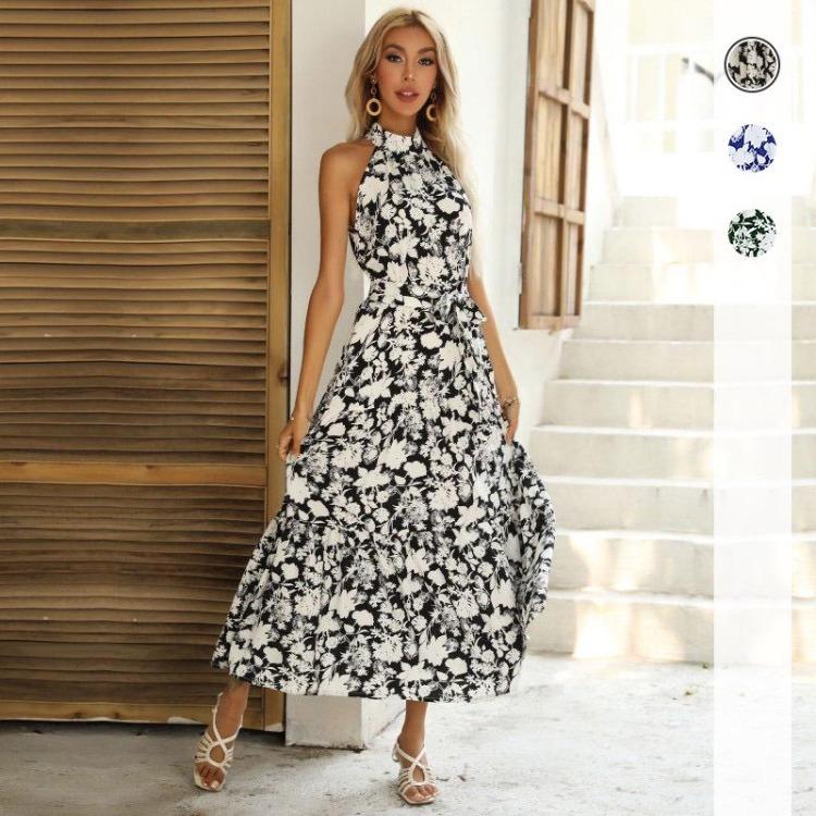 Halter Neck Sleeveless French Style Slit Print Dress Summer Hot Seller