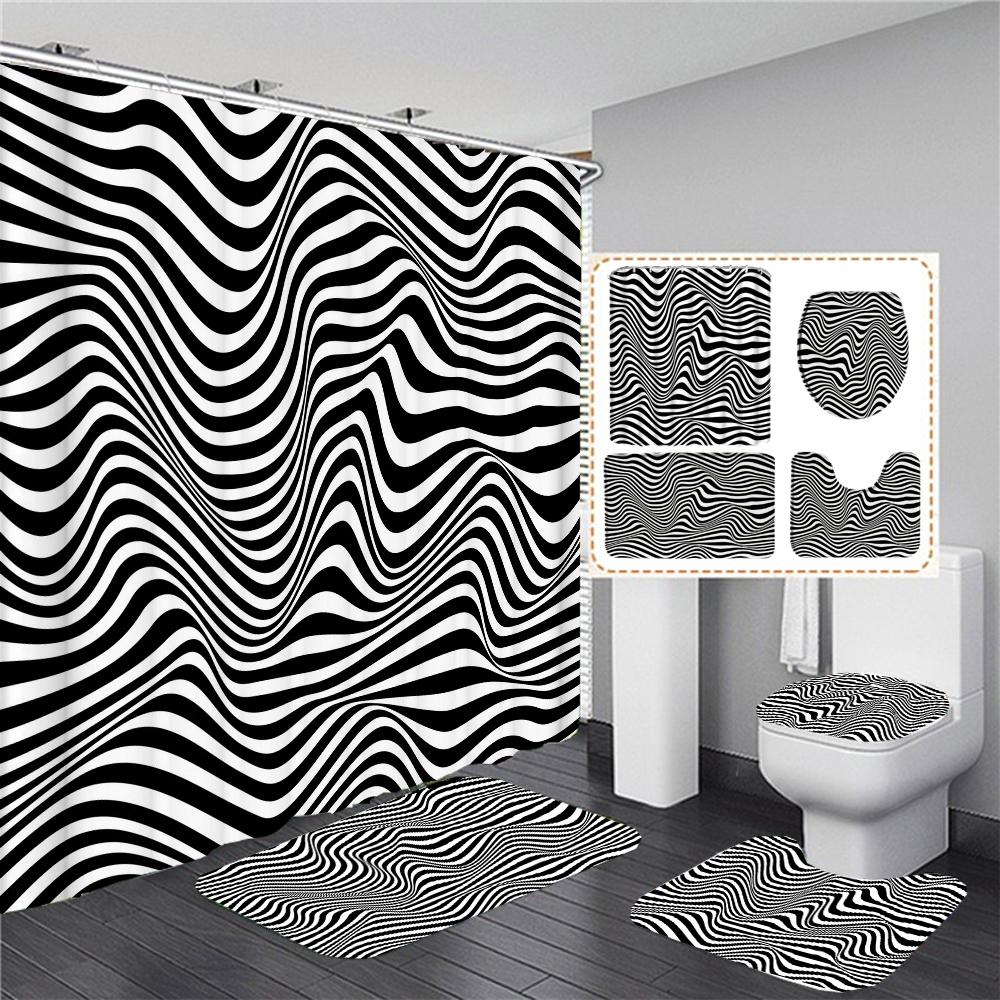 Black White Geometric Stereoscopic Fabric Shower Curtain Bathroom Curtains Set Anti-Skid Rugs Toilet Lid Cover Bath Mat Carpet