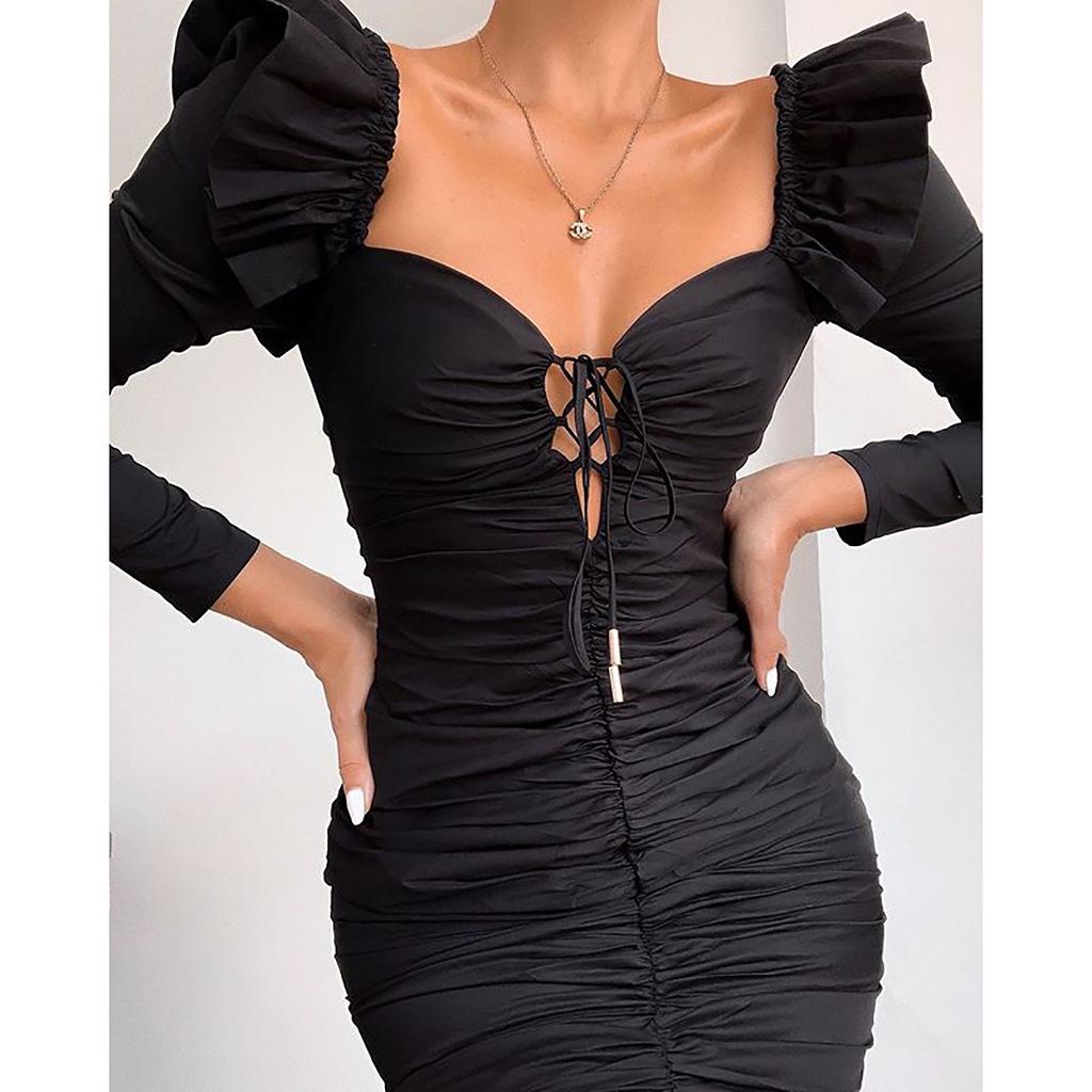 Women's Bodycon Dress Solid Color Ruffled Long Sleeve Cross Strap Slim Low  Cut Short Mini Club Wear Casual Party Evening Dresses – buy at low prices  in the Joom online store