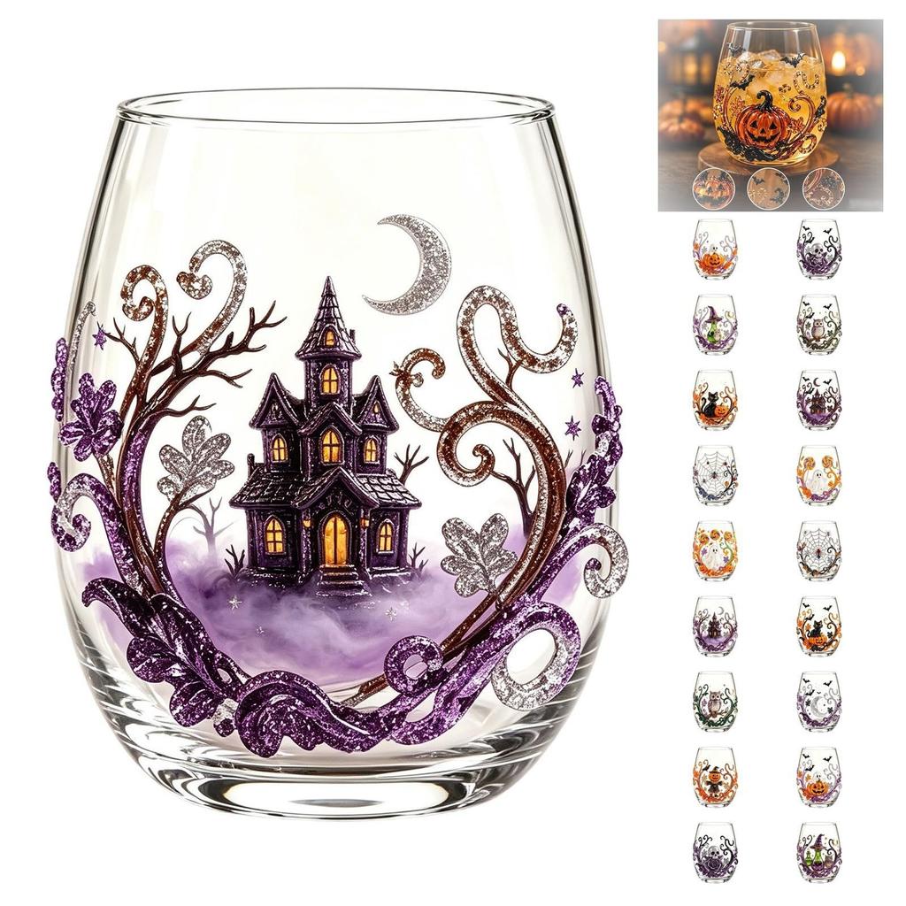 2D Halloween Artisan Glassware Collection, Drinking Glasses with Raised Pumpkin Ghost Black Cat Web Design, Spooky Clear Cups for Cocktails Juice