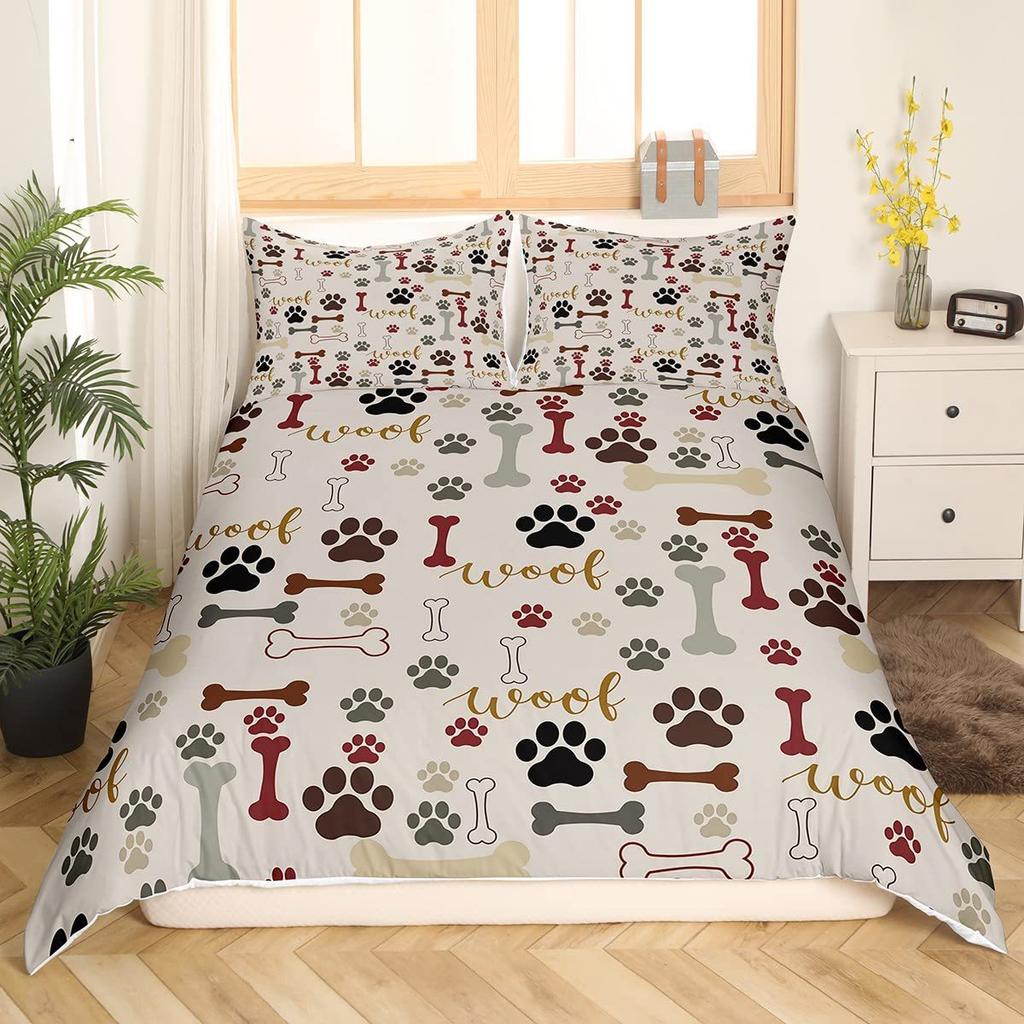 Pet Animal Dog Paw Print Duvet Set Bone Pattern Bedding Three-Piece Set Room Decoration