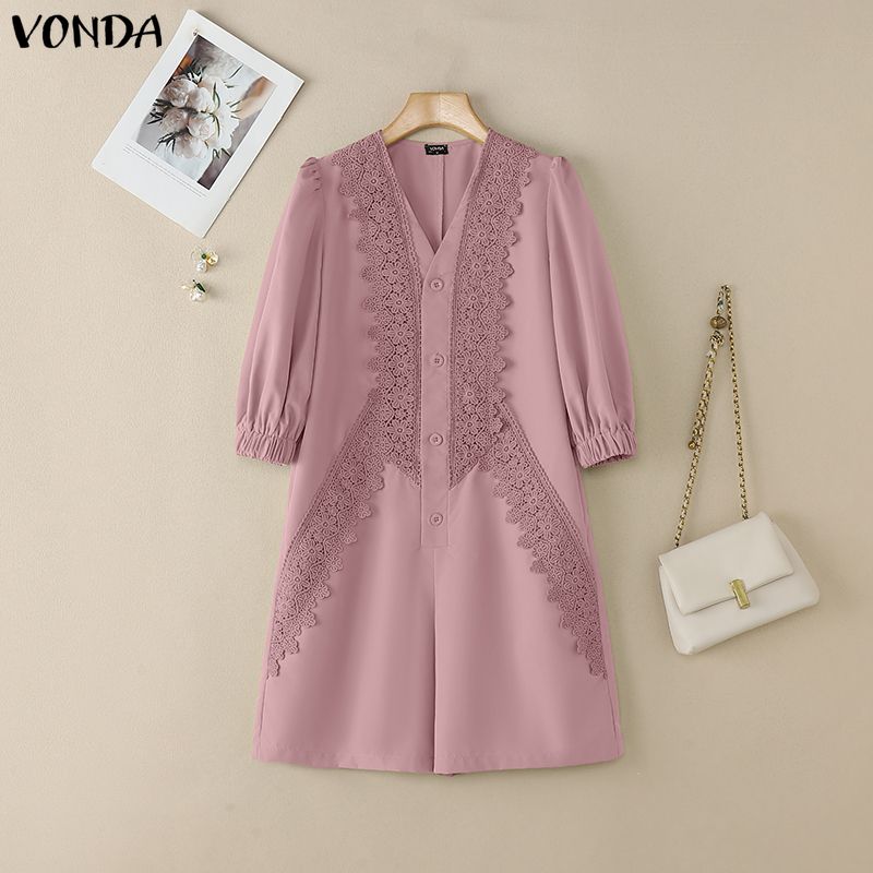 VONDA Summer Women Casual V Collar Half Sleeve Lace Crochet Patchwork Jumpsuits