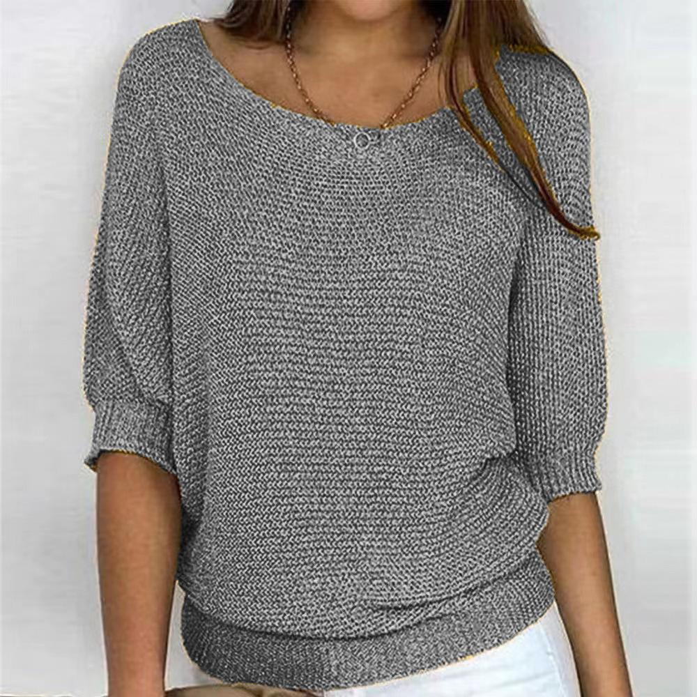 

Women s Knitted Sweater with Puff Sleeves, Round Neck, Elbow-Length, Textured Fabric XS