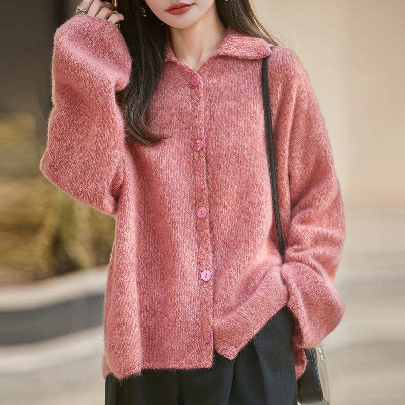 Women's Heather Yarn Polo Collar Cashmere Wool Blend Cardigan - Thick, Long Pile, Plush, Warm, Perfect for Autumn and Winter