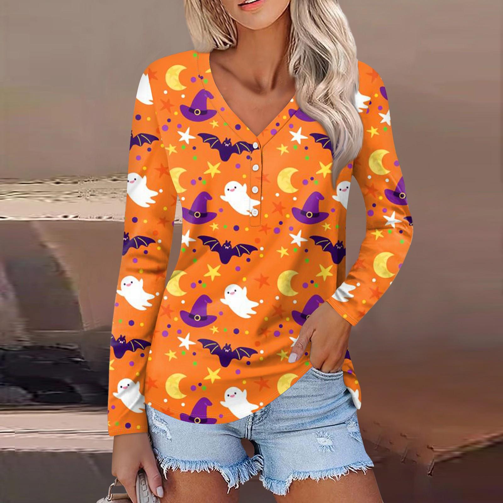 

Women s Casual Fashion Sexy Comfort Halloween Printed V-Neck Button Long Sleeve XXXL шафрановий