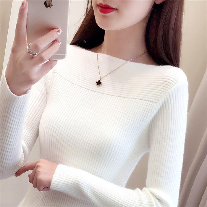 

Women s One-Shoulder Knitted Slim Fit Ribbed Pullover Sweater - Long Sleeve, Versatile for Autumn and Winter One Size білий