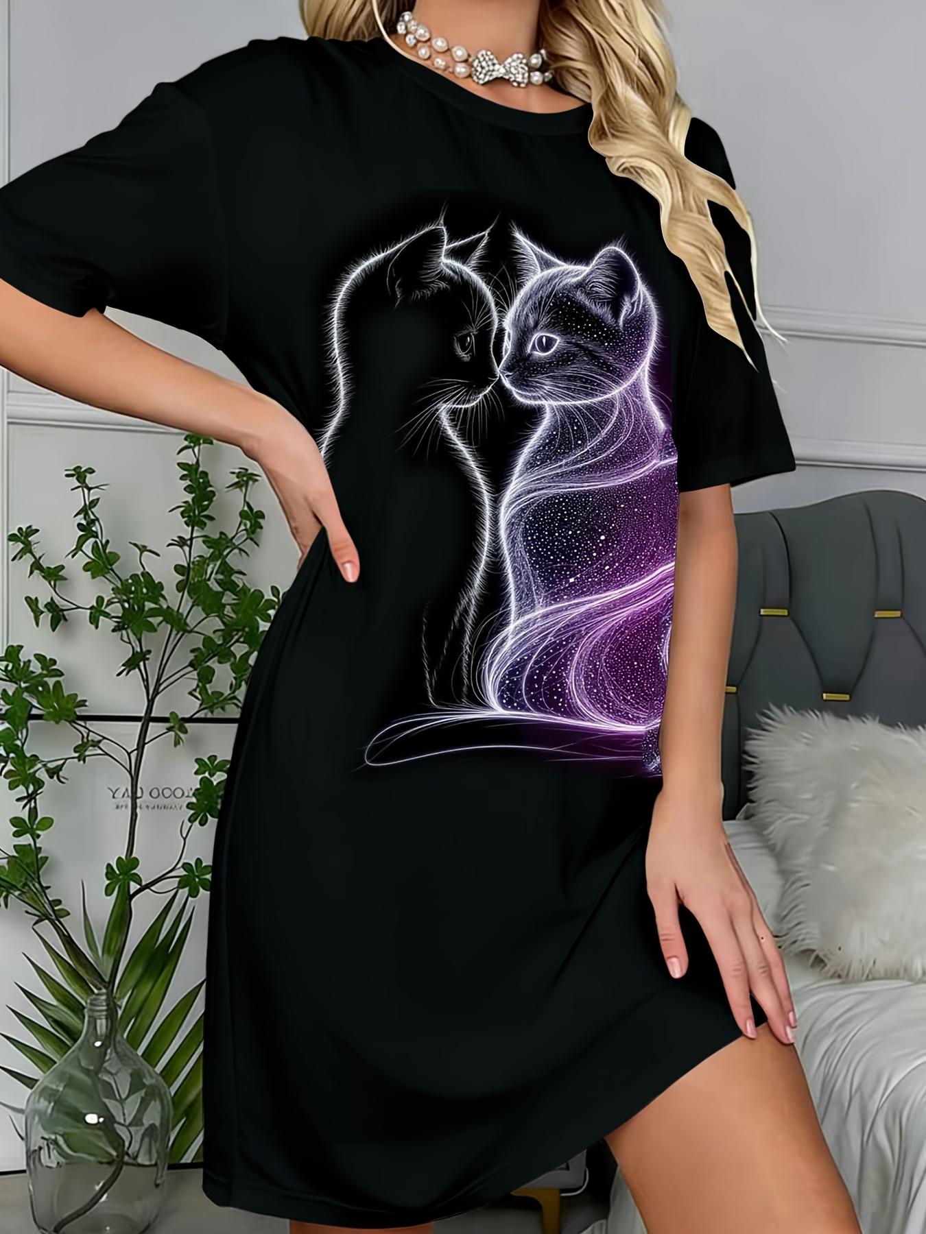 

The Lady Has Two Adorable Cats Leaning Against a Printed Casual Sleep Dress in European And American Style XL дубильная кора