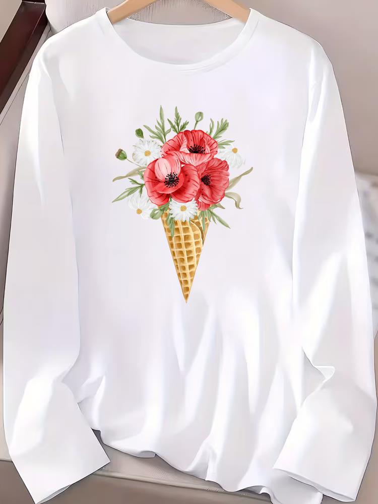 (Asian Size) Women Female Clothing Letter Cute 90s Casual Tee Lady Printed O-neck Long Sleeve T Shirt  Fashion Top Graphic T-shirts