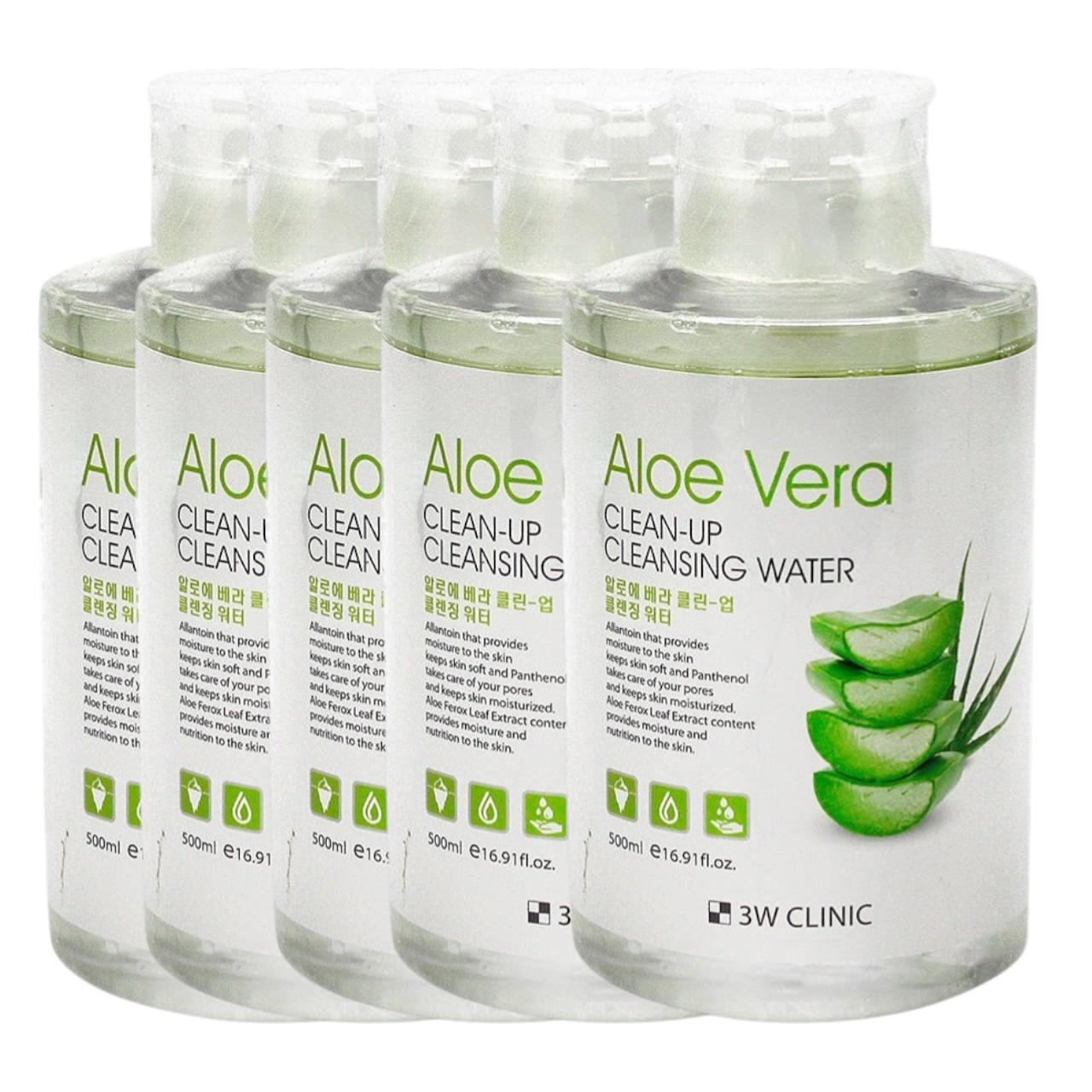 3W CLINIC Aloe Vera Clean-Up Cleansing Water [5 PCS Bulk Set] - Soothing Makeup Remover & Pore Cleanser 500ml x 5