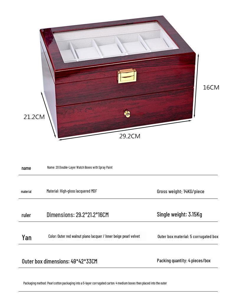 Red Sandalwood Clock & Watch Painted Wooden Box - Double-Layer 2-Position Jewelry & Watch Storage Box