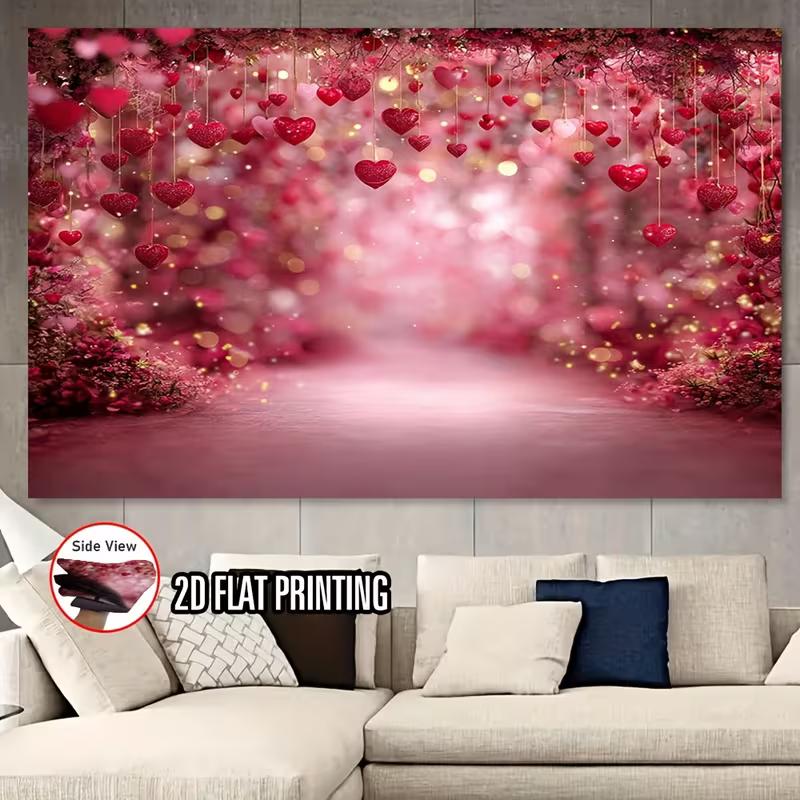 2D Enchanted Red Hanging Hearts Backdrop with Bokeh Lights