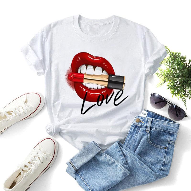 

Women S Top, European And American Fun Rainbow Lip Pattern Print Crew Neck Short-Sleeved T-Shirt 3XL