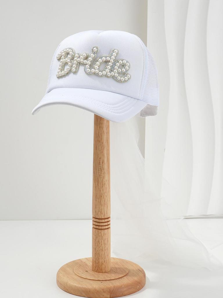 Unisex Casual Hat with Pearl Letters, Mesh & Bridal Veil for a Chic Engagement Party