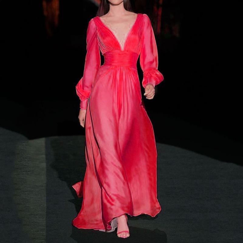 

autumn and winter new women s clothing fashionable and sexy temperament deep neck solid color dress dress XXXL червоний