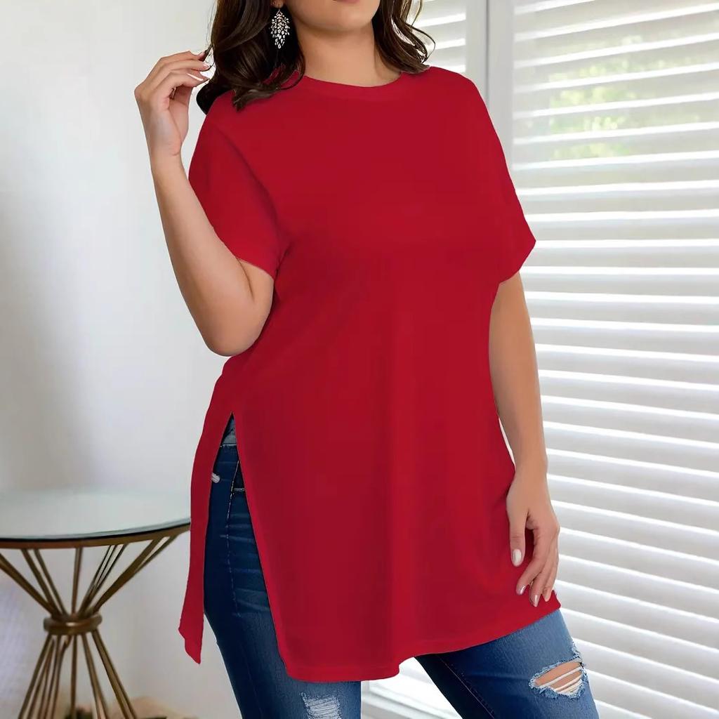 Damtopp för vår och sommar, Damlös i plusstorlek, Slits, Rundhalsad T-shirt