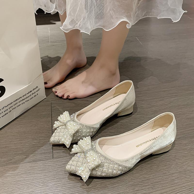 Fashion Women's Fashion Chunky Single Shoes Fall New Pointy Head Shallow Mouth Rhinrhino Butterfly Knot Low Top Shoes