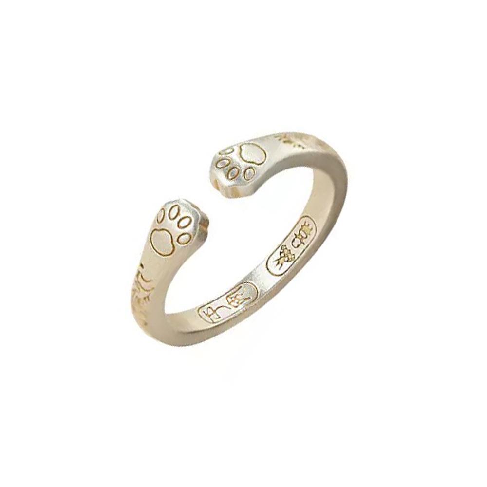 S999 Sterling Silver Gold-Painted Lucky Cat Paw Ring: Cute & Exquisite Design, Light Luxury Open Ring for Women