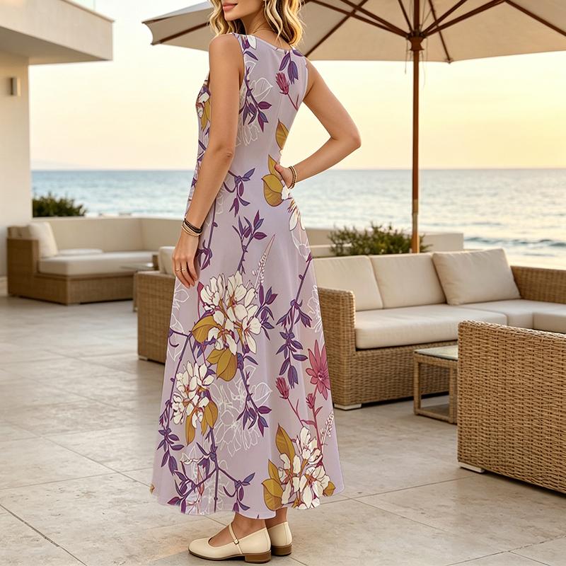 U-Neck Floral Sleeveless Women's Dress Lightweight Flowy,Loose Fit,Versatile for Beach Vacation,Daily Casual,Travel Photos