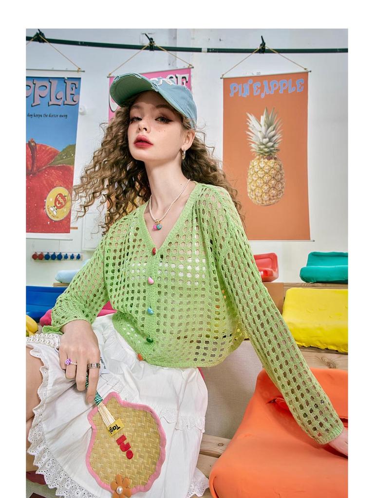 2025 Summer Korean V-Neck Hollow Loose Knit Cardigan for Women