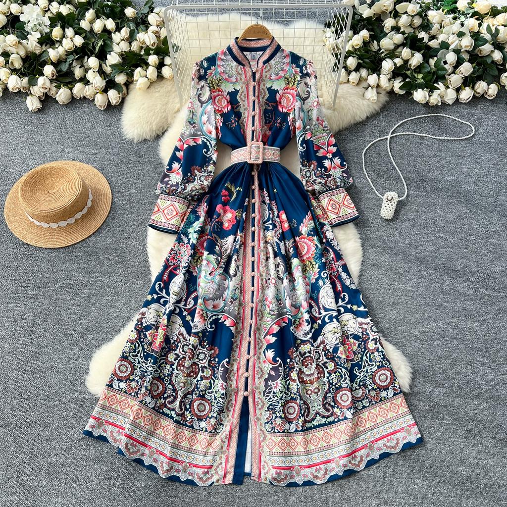 Frühling Herbst Damen Designer Runway Kleid Stehkragen Vintage Print Einreiher Urlaub Party Kleider mit Gürtel