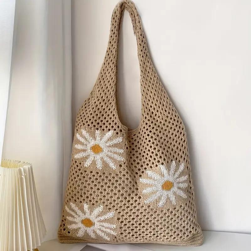 Yogodlns Damska Letnia Plażowa Urocza Torba Szydełkowa z Kwiatowym Wzorem Casualowa Torebka Trendy Torba do Codziennego Użytku Biurowego Torba Dzianinowa