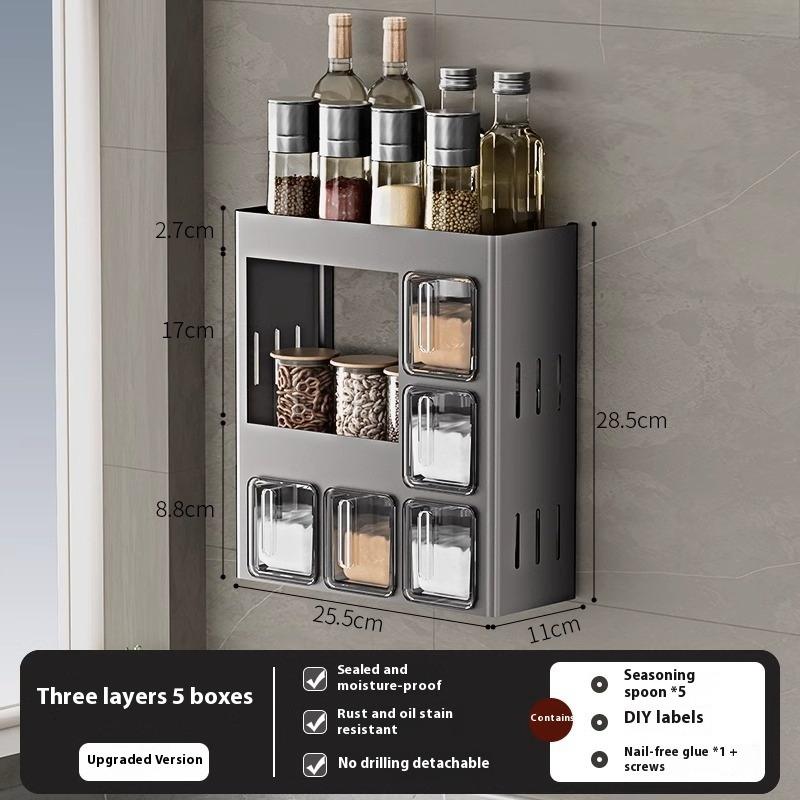 Kitchen Rack High-end Household Non-punching Wall-mounted Seasoning Box Oil Sauce and Vinegar Storage Rack Seasoning Tank Shelf