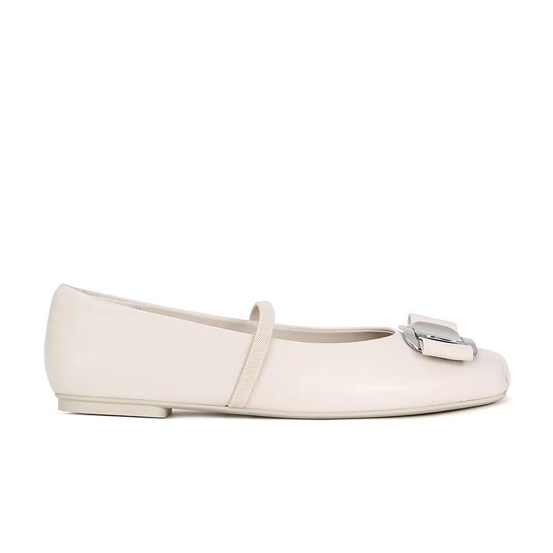 Cowhide Version~ Hepburn Daughter Square Head Bow Thick Heel Mary Jane Shoes Women's Single Shoes Flat Ballet Shoes