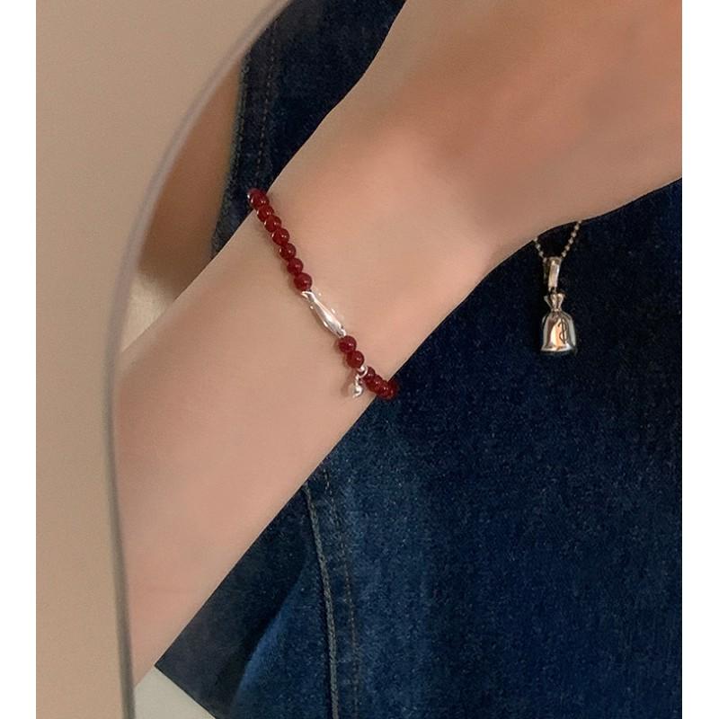 Korean INS Style Handmade Plated Copper Red Agate Fish Charm Bracelet Women Minimalist Layering Jewelry