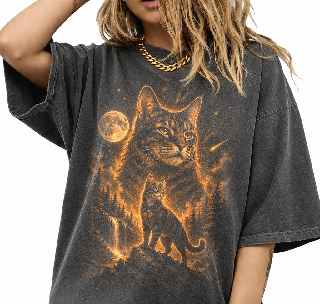 Maine Coon Cat Shirt, Moonlit Kitty Tshirt, Boho Feline Lover Tee, Unisex Cat Apparel