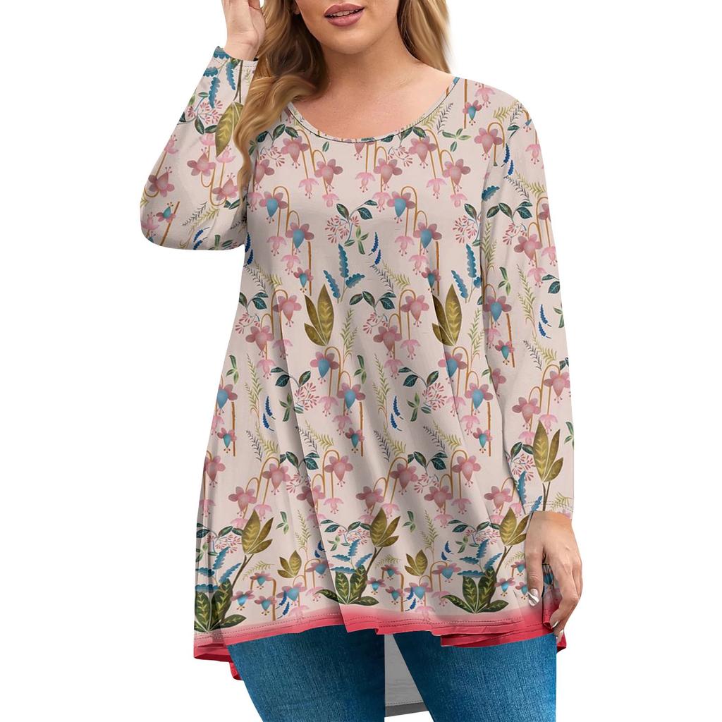 Women's Plus Size Top, Garden Collar Long Sleeved Shirt, Fashionable Floral Print Casual Top