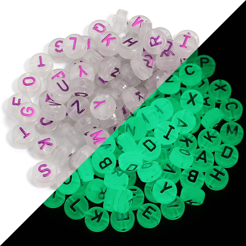 100pcs 10mm Acrylic Luminous Letter Beads Christmas Flat Round Loose Alphabet Beads For Jewelry Making DIY Bracelets Accessories