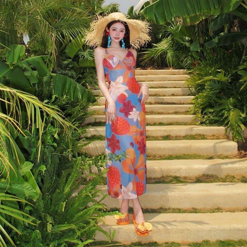 Thailand Summer Dopamine Print Halter Island Suspender Dress Strap Seaside Beach Tropical Vacation Slim Fit