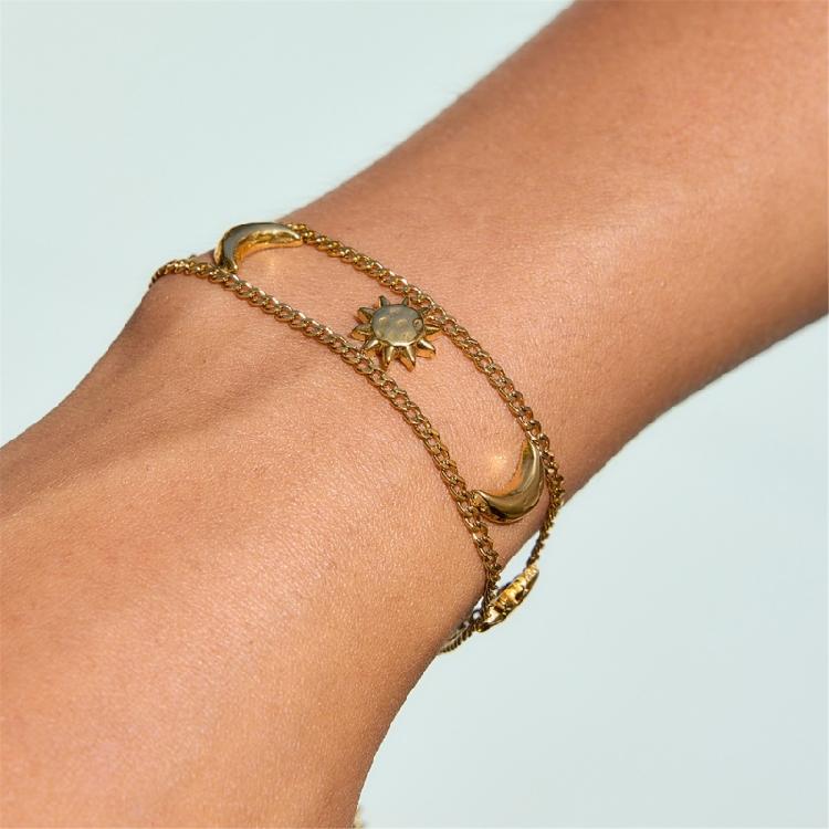 Double Layer Bracelet Sun Moon Charm Bracelets Stainless Steel Wrist Jewelry Present for Women Men Trendy Accessory