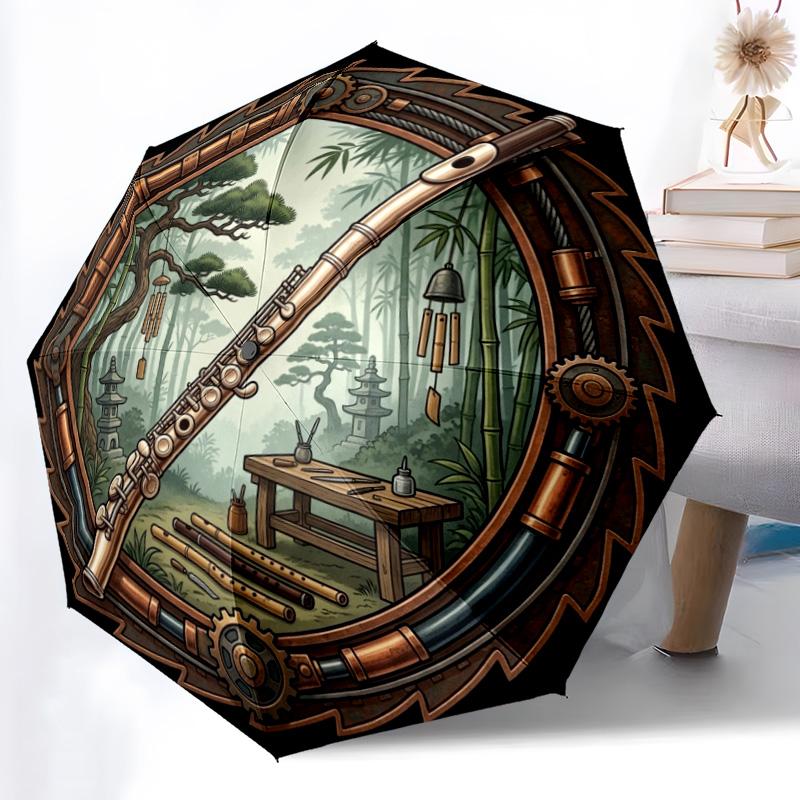 Steampunk Flute Forest Scene pattern umbrella, portable and foldable design, 8 ribs, a casual accessory for Halloween, Christmas, and birthday gifts.