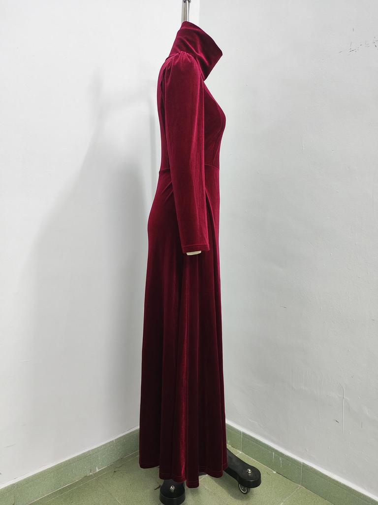 Elegantes Herbst/Winter Damen Gold Samt Hoher Kragen Ballonärmel Taillenbetonendes Langes Kleid