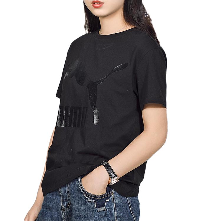 Puma Classic Logo Print Round Neck Short Sleeve T-Shirt Women Tops Black 530005-51